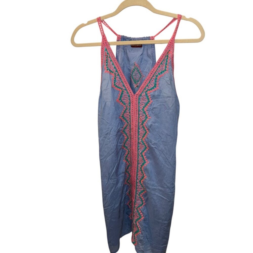 rekognation perwinkle blue pink turquoise EMBROIDERED tassel back tunic top S